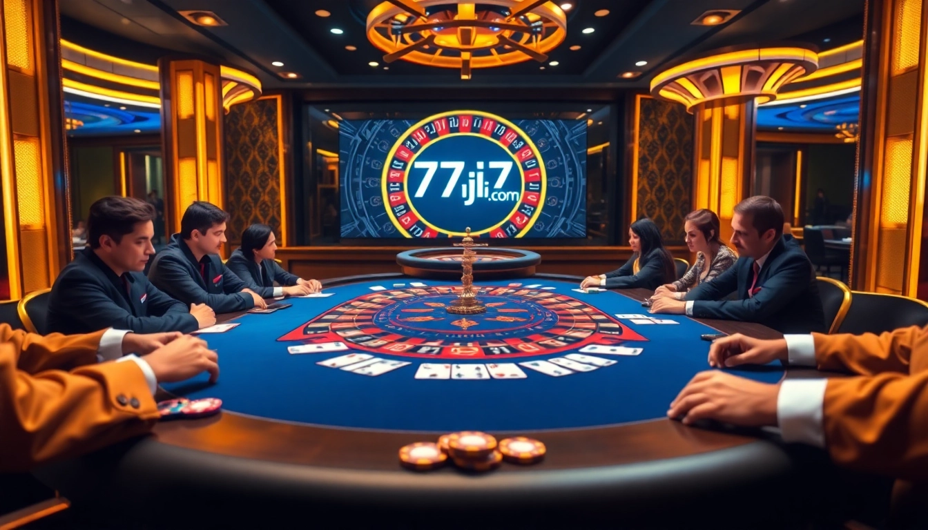 Engage with thrilling poker action at 77jili7 com with vibrant chips and cards on an elegant table.