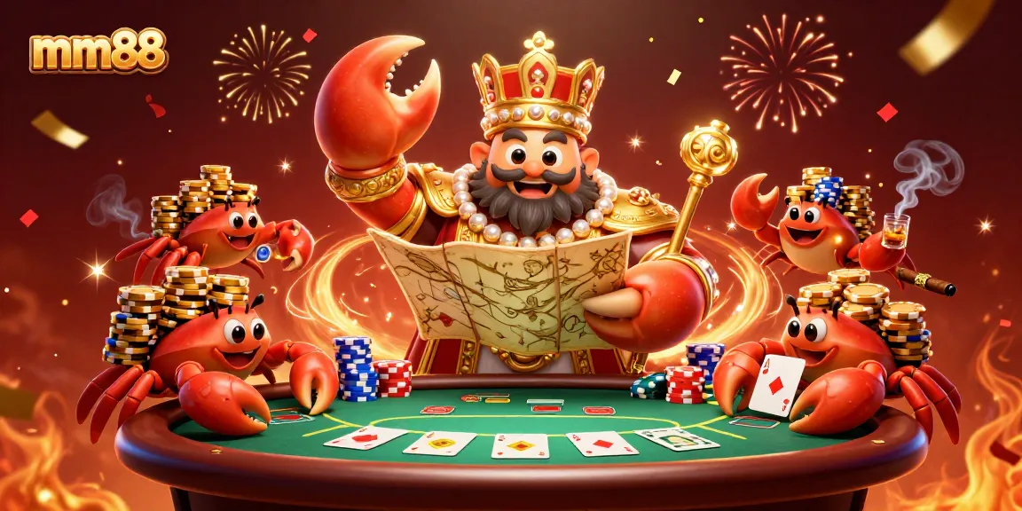 Engage in thrilling gameplay with mm88 featuring a golden crab emperor amid casino elements.