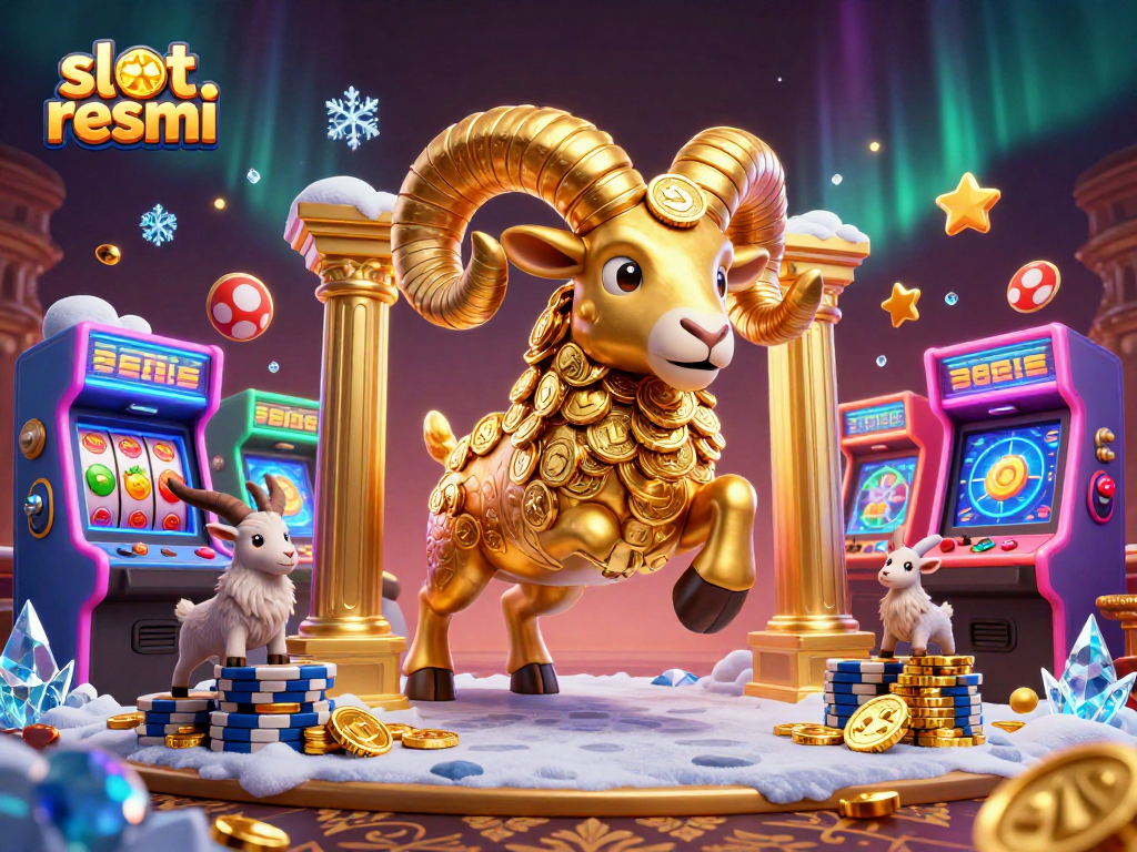Spin to win at slot resmi with vibrant casino elements and a golden ram celebrating jackpots.