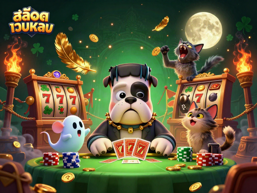 Engage with สล็อตเว็บตรง as a cartoon bulldog monster deals cards in a thrilling casino scene with ghosts and jackpot symbols.