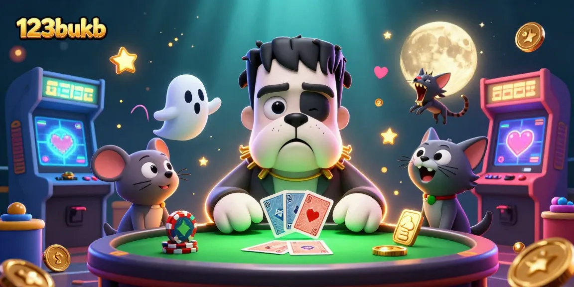 Experience thrilling action at 123bukb's colorful casino table with vibrant characters and games.