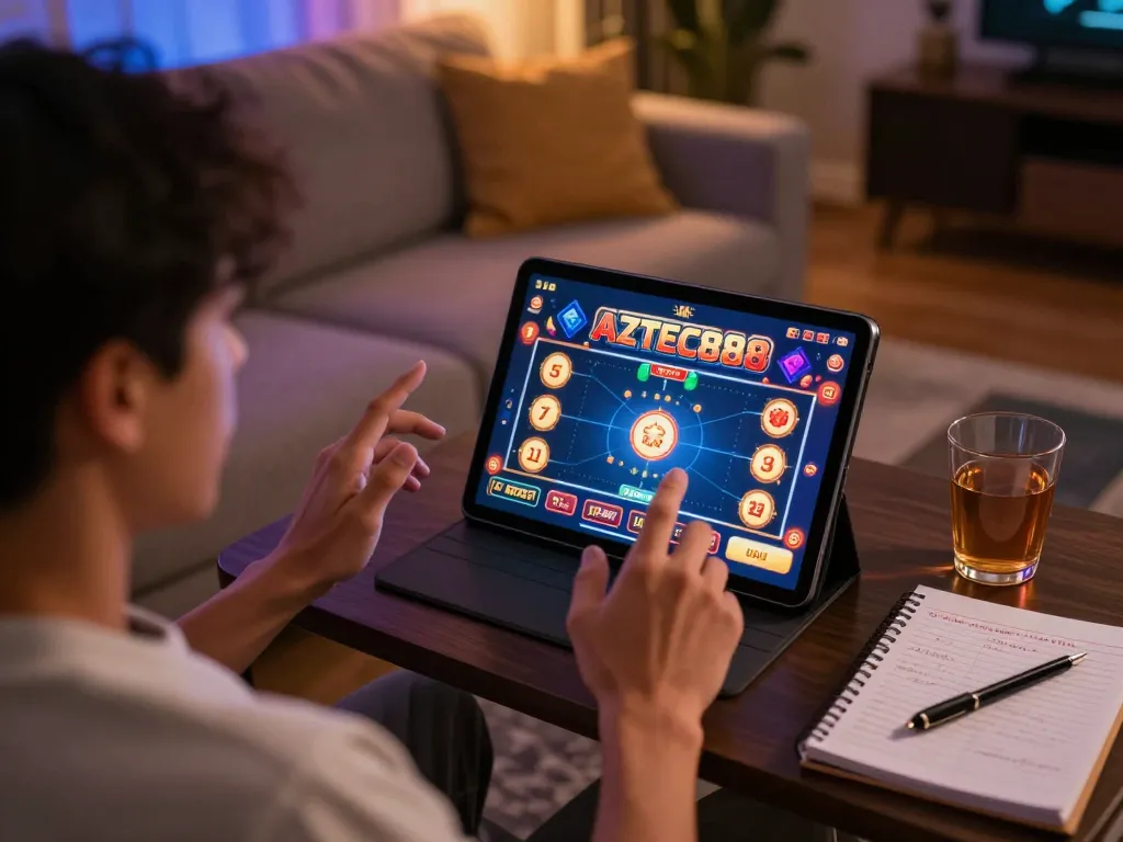 A person enjoying online gaming on AZTEC888 tablet in a cozy home setup