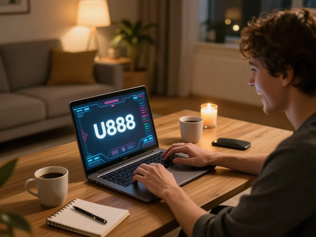 Engaged player enjoying U888 online gaming session at home, showcasing home comfort and casino excitement