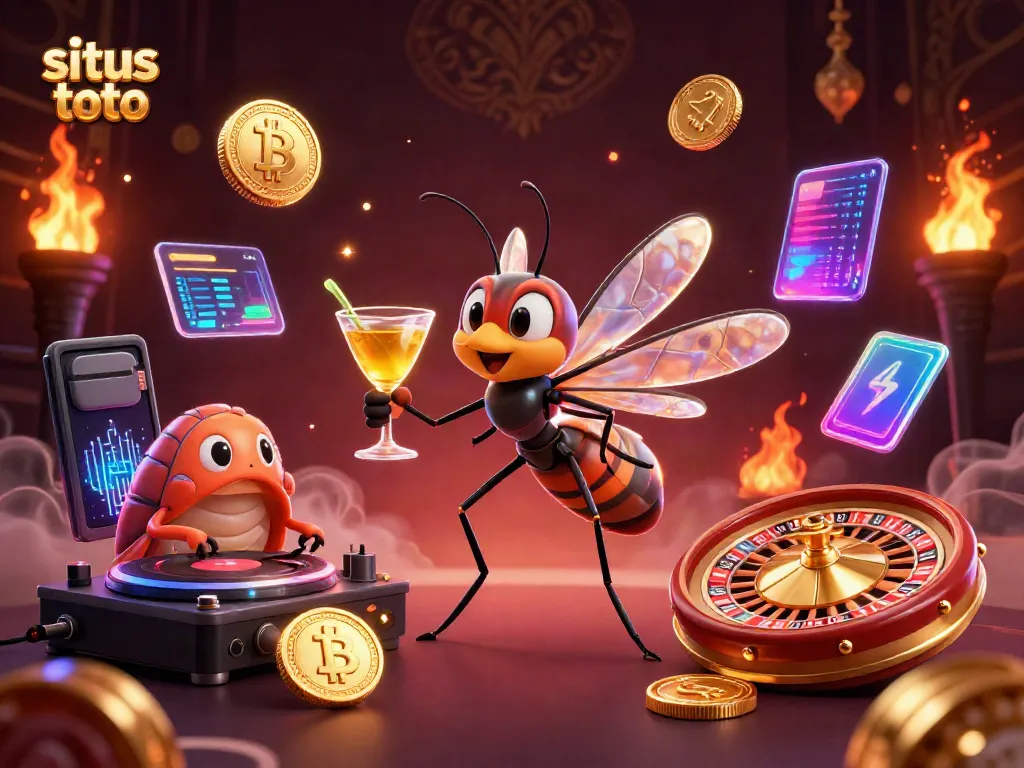 Animate your luck with situs toto in this vibrant casino scene showcasing 3D characters and glowing crypto elements.