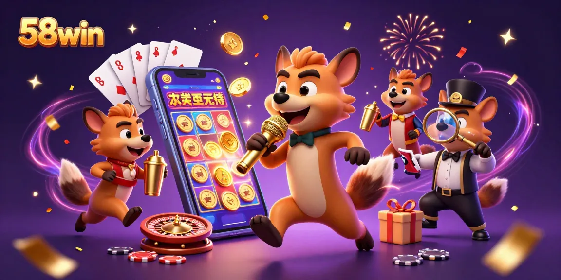 Engage in 58win’s lively casino scene with hyenas, slots, and festive excitement.