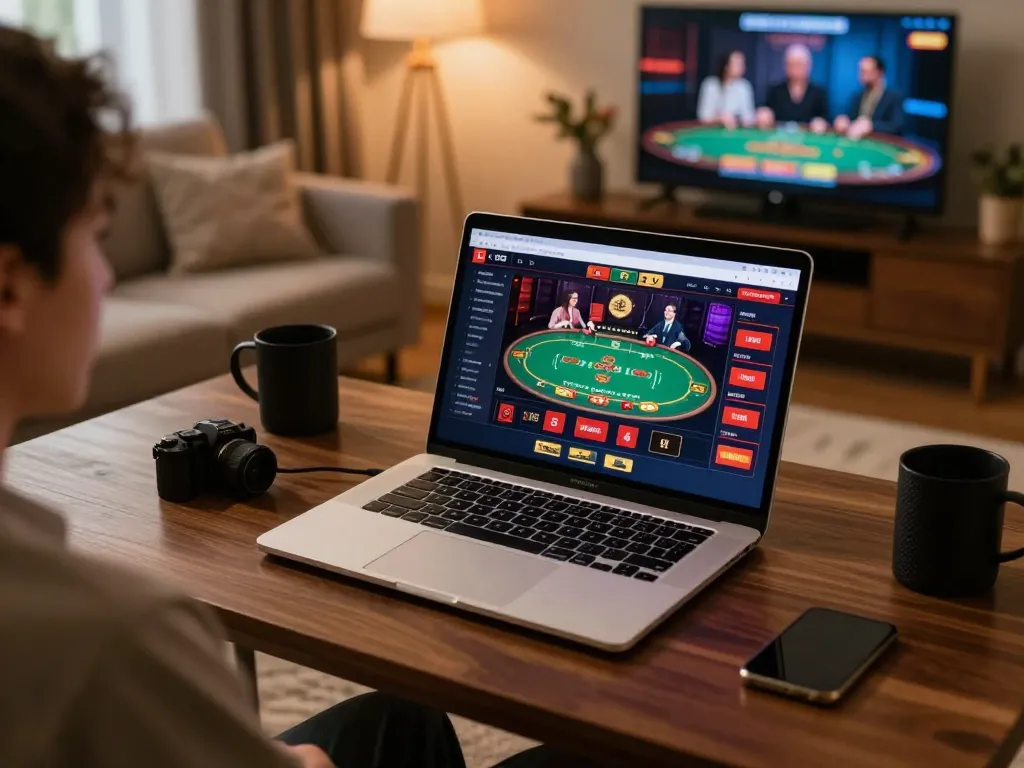 Enjoying online casino gameplay on https://f168.sarl/ with laptop displayed, showcasing poker action.