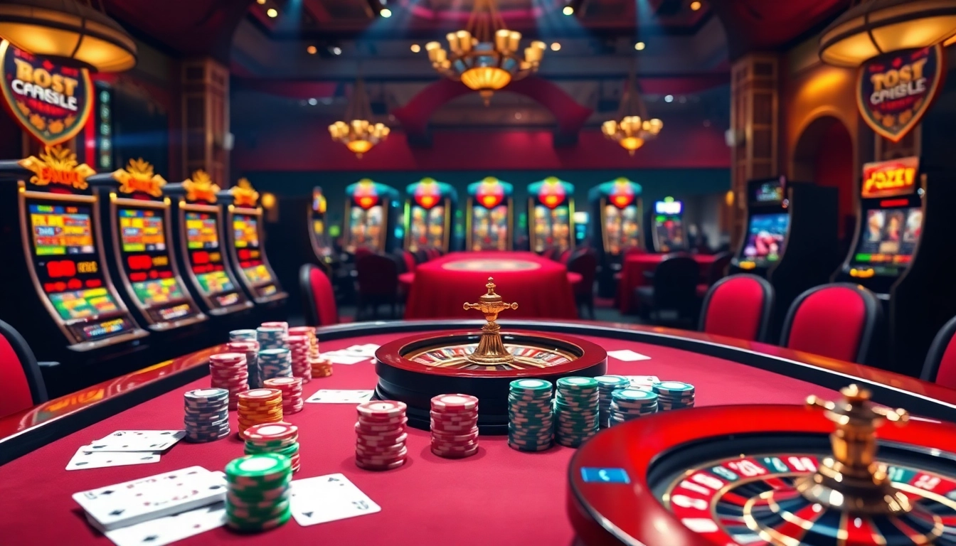 Experience the thrill of online gambling at Trang Chủ GOD55 with luxurious poker tables and vibrant slot machines.