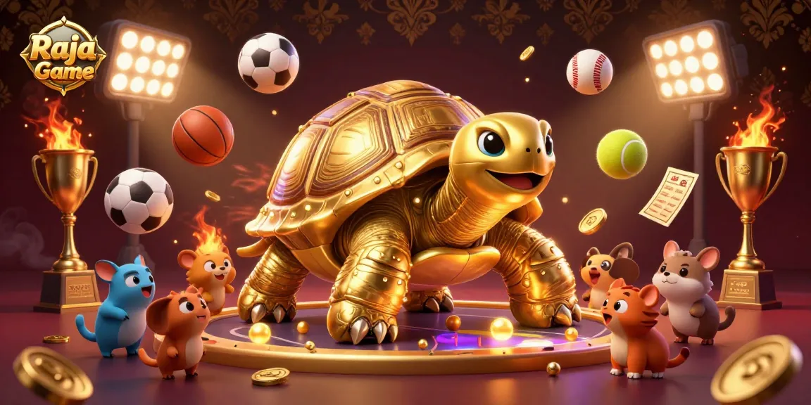 Engage in exciting gameplay with Raja Game, featuring a colossal tortoise pinball machine surrounded by vibrant sports elements.