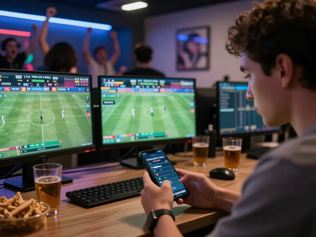 A person engaging with tỷ lệ kèo nhà cái hôm nay on a smartphone during an intense sports betting session.