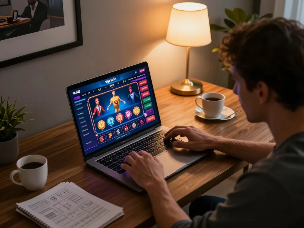 Engaged user exploring vipwin online casino games on a sleek laptop, showcasing a vibrant and responsible gaming experience