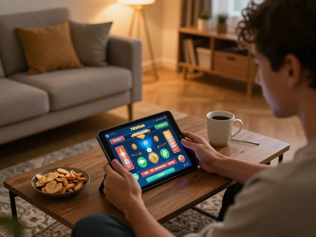 Engaging in 789club online gaming session on tablet in cozy home atmosphere