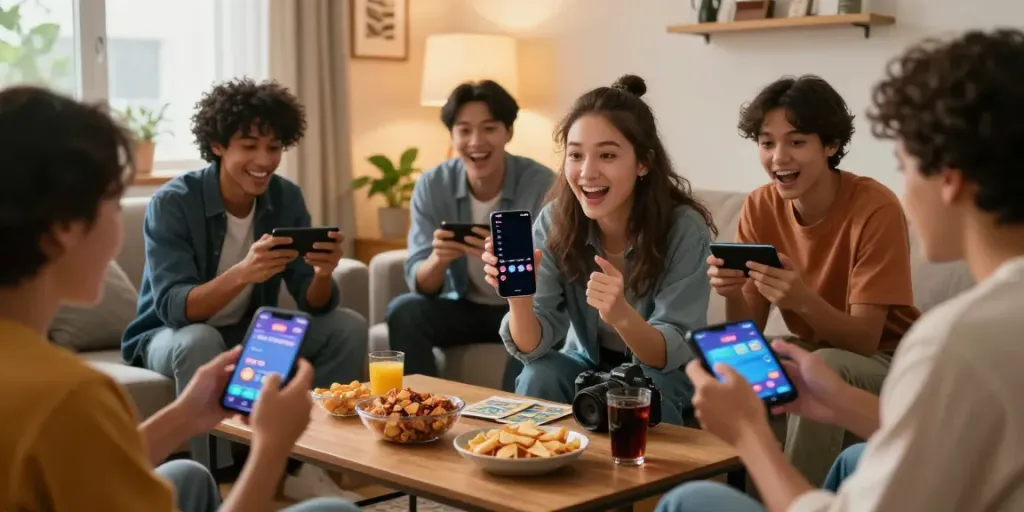 Engaging Bingo app download apk scene showcasing friends playing Bingo101 app together in a cozy living room.