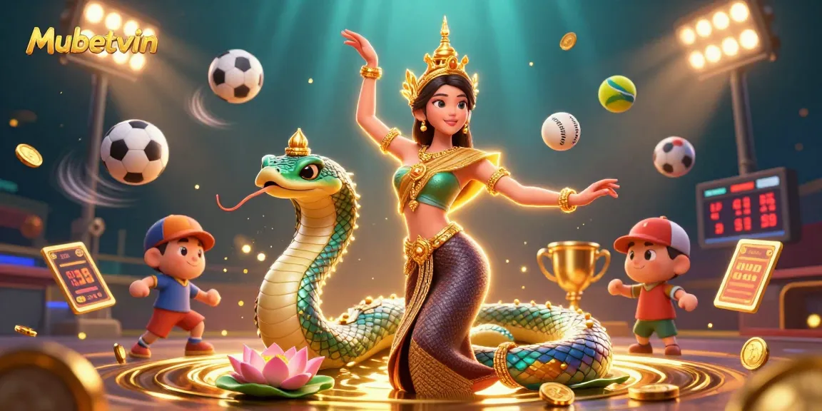 Mubetvin showcases a vibrant casino scene with an Asian dancer and Naga serpent amid dynamic sports elements.