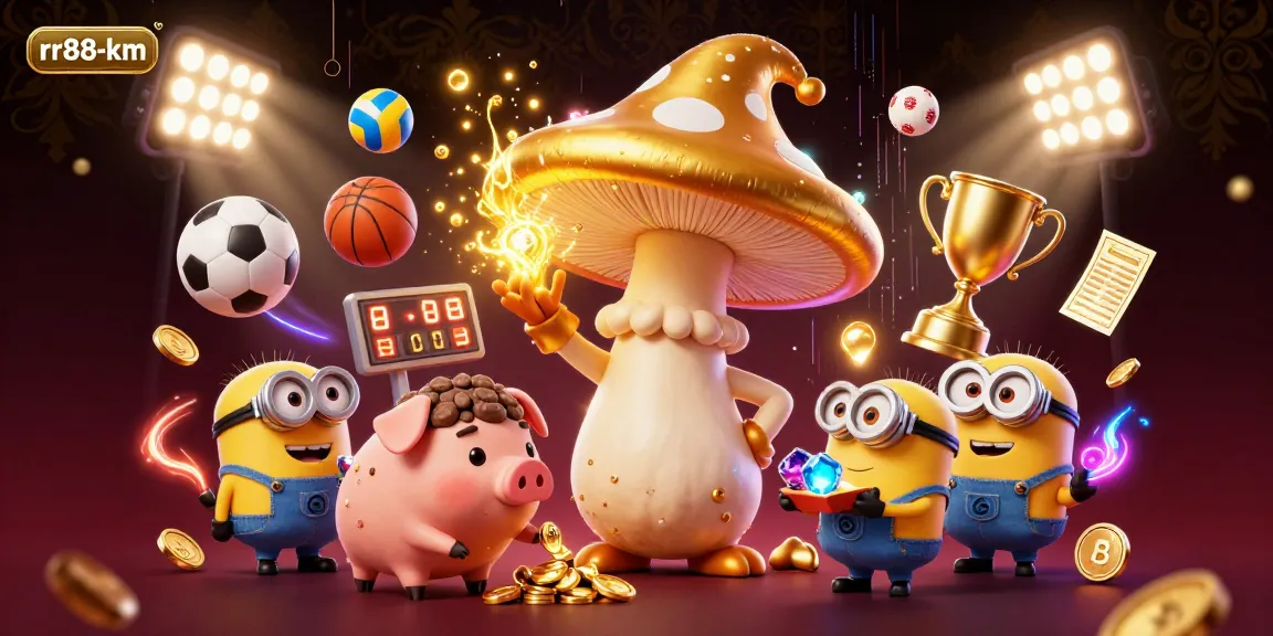 Experience the magic of rr88-km with a scene featuring a golden mushroom wizard and sports betting elements.