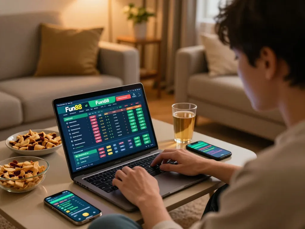 Betting on Fun88 while analyzing sports odds at home in a cozy living room.
