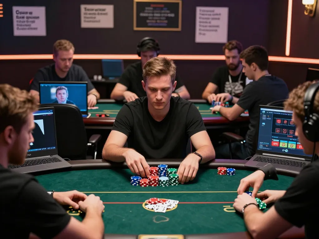 dh88 players strategizing during an intense online poker game with vibrant chip stacks