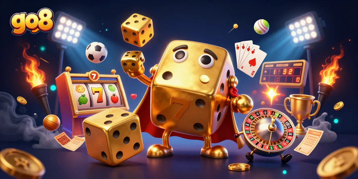 Experience thrilling casino excitement with go8’s golden dice golem juggling, amid vivid jackpot symbols and sports balls.