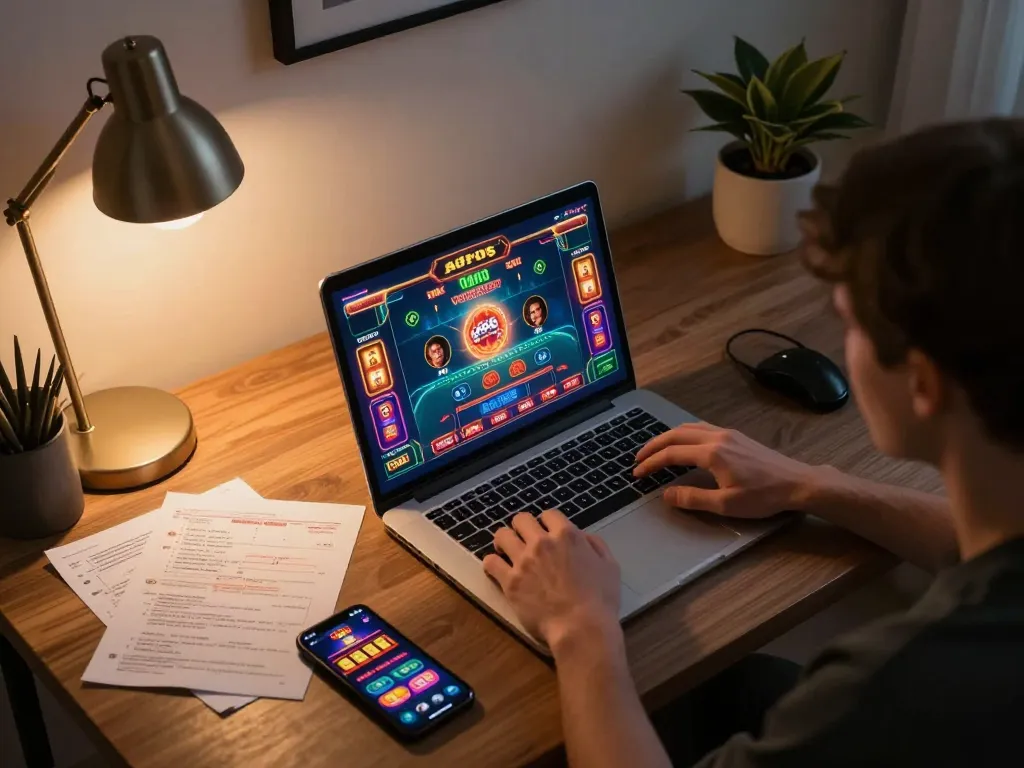 Engaging online gaming scene with go8s providing a vibrant poker experience in a cozy home office.