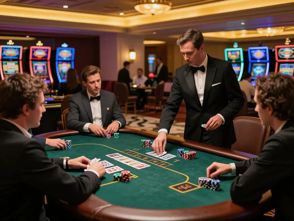 Players engage in strategic blackjack gameplay at mb88 casino, with an upscale atmosphere and vibrant interactions.