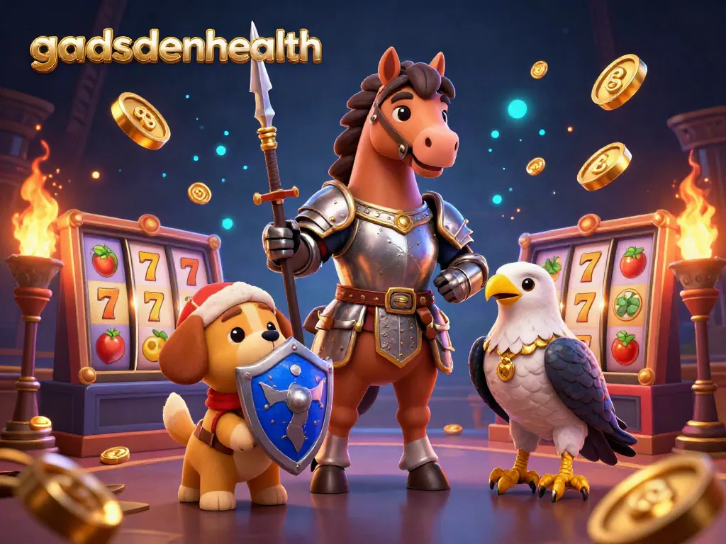 Gadsdenhealth menghadirkan suasana kasino yang meriah dengan karakter ksatria dan simbol slot.