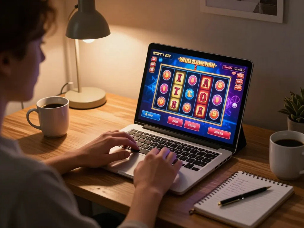 Sunwin player engaging with slot game on tablet in warm cozy home environment