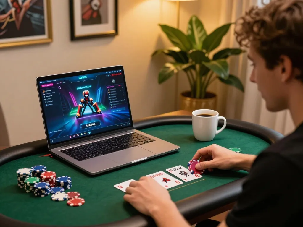 Engaging LGOLUX online gaming scene showing player immersed in poker game.