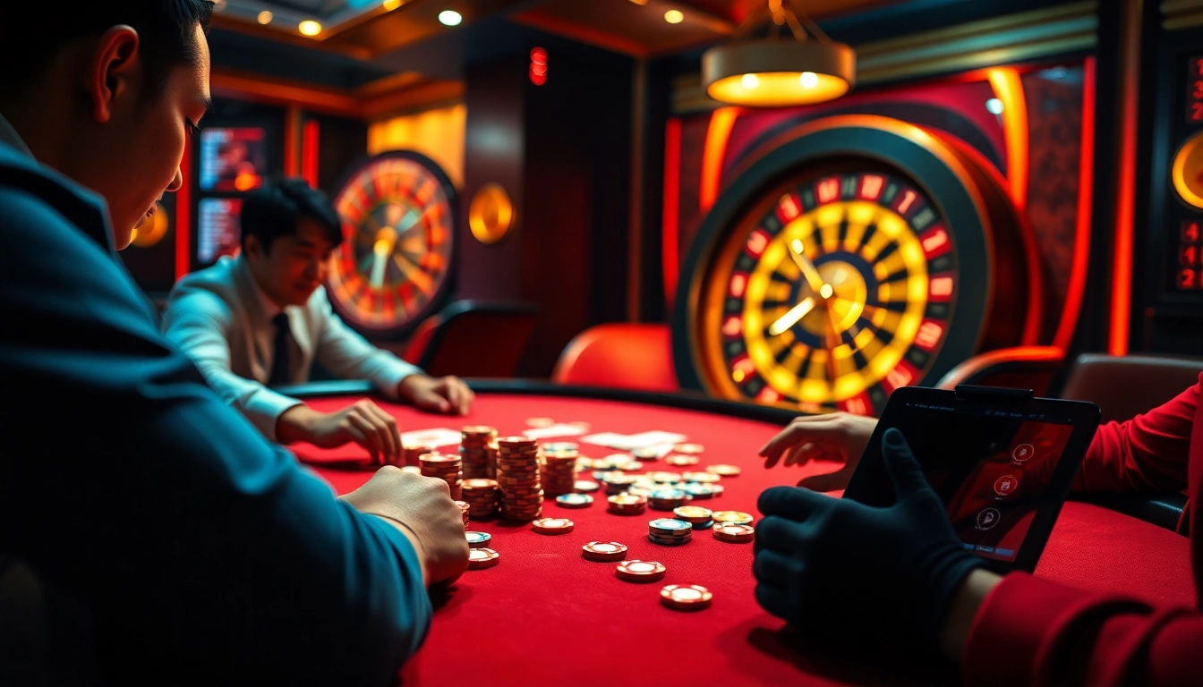 PHTAYA players enjoying an exhilarating poker game with vibrant chips and dynamic casino atmosphere
