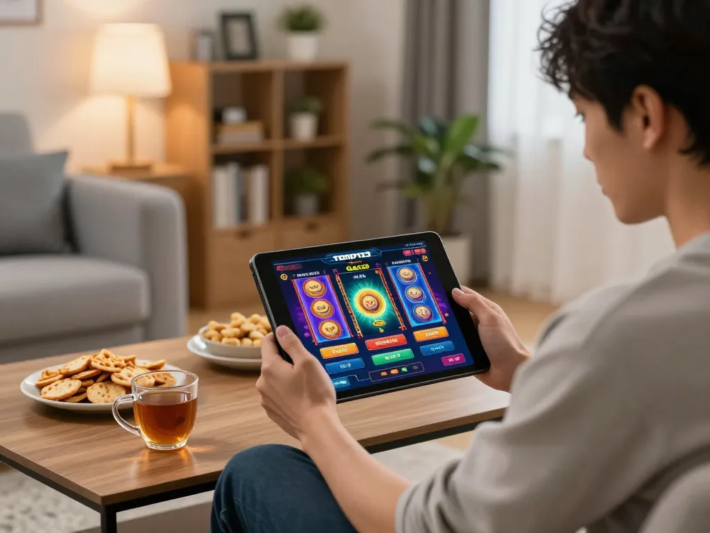 Engaged player focusing on Tempo123 Gacor slot game on a tablet in a cozy home setting.