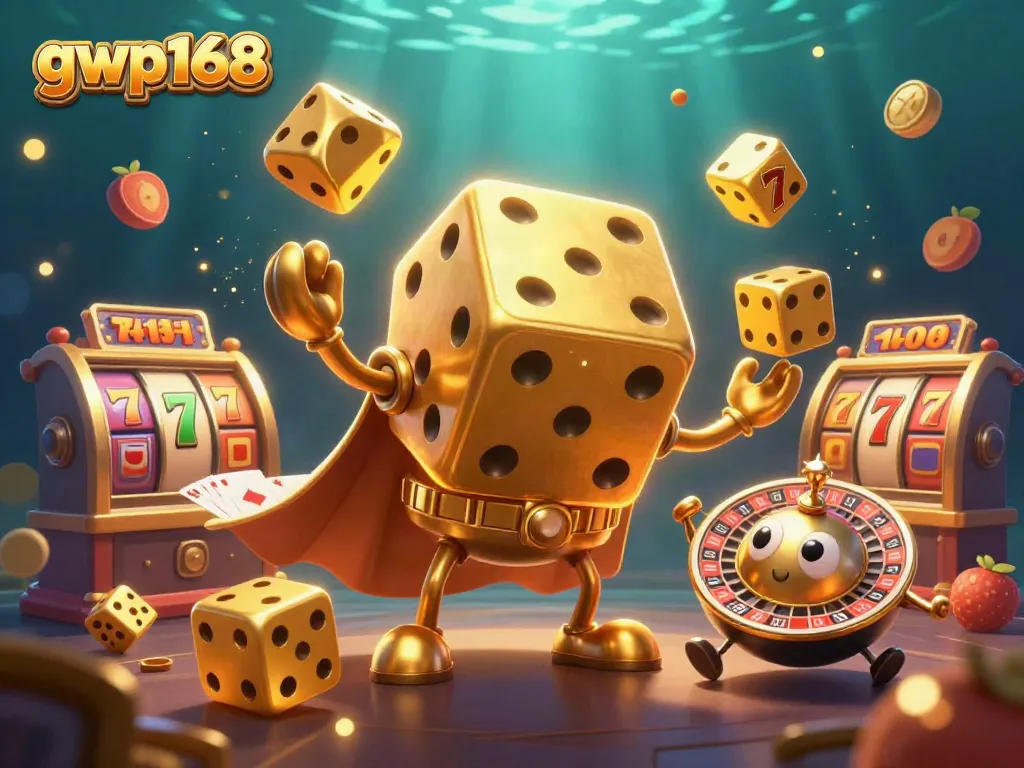 GWP168 mempromosikan permainan slot dengan kombinasi gulungan dan karakter pemenang dalam ilustrasi slot yang dinamis.