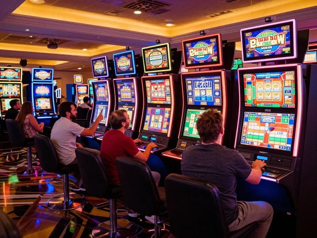 Players experiencing thrilling link slot action in a vibrant Las Vegas casino environment