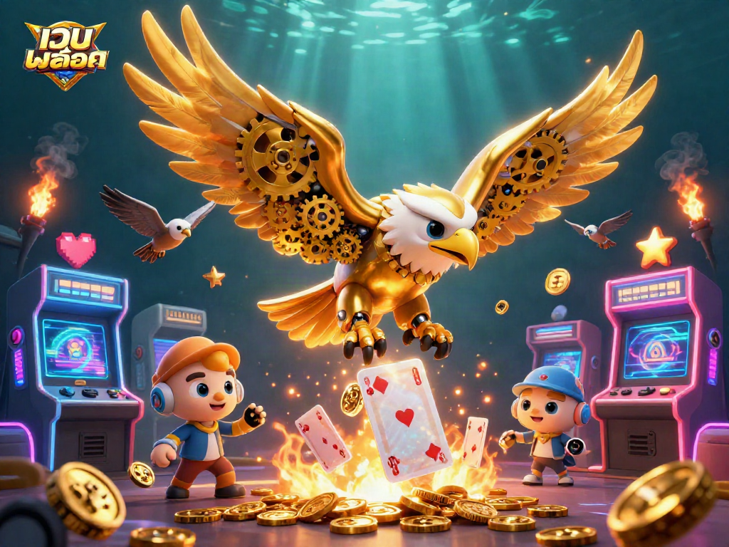 Engage with เว็บสล็อต through dynamic 3D action featuring a golden eagle amidst colorful casino elements.