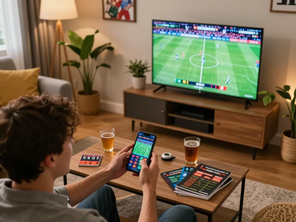 Engaged user placing bets on kqbd while monitoring live football matches on a smartphone, vibrant atmosphere in a cozy setting.