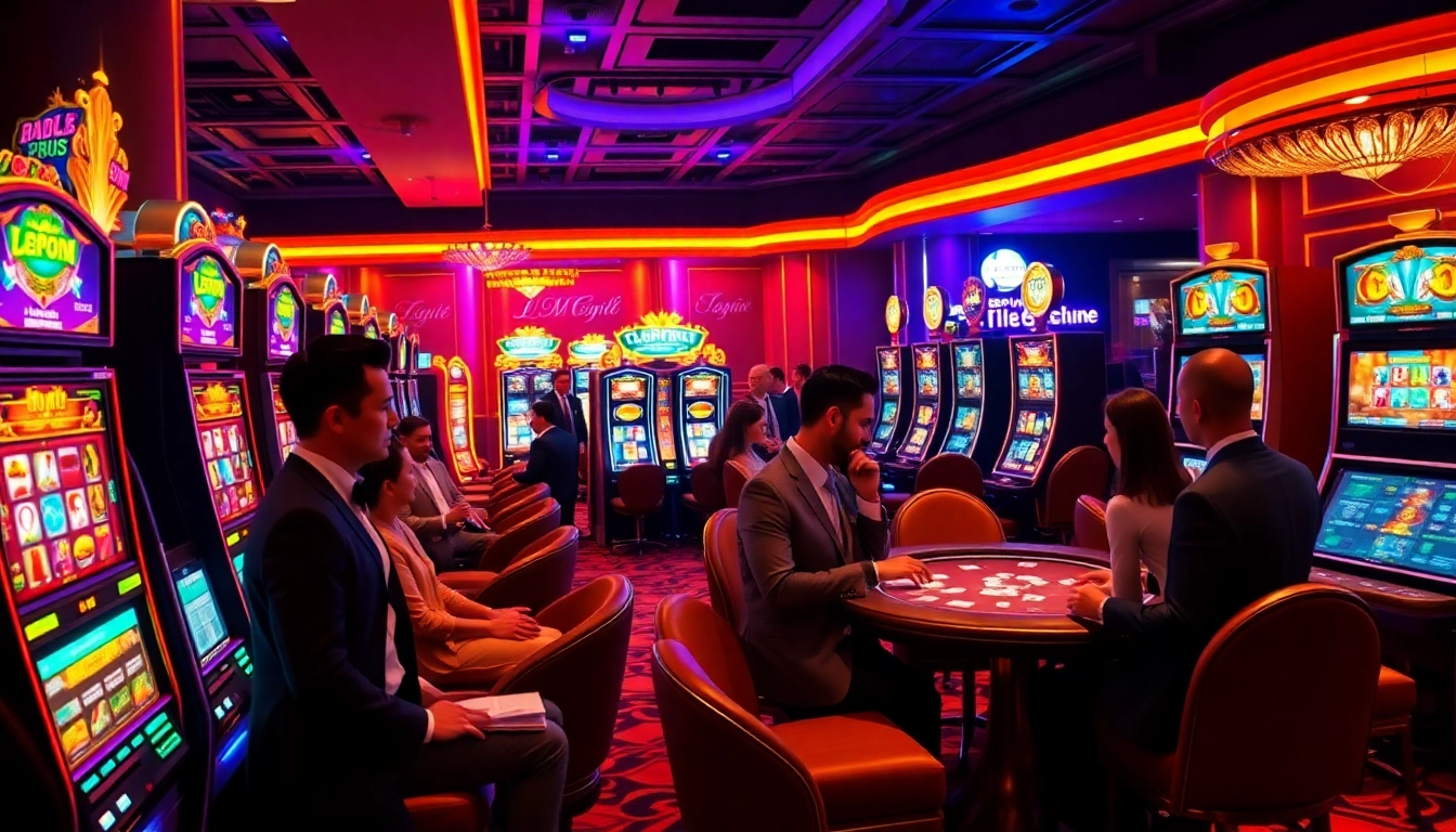 Players enjoying thrilling slot games at Bro138 casino, showcasing excitement and luxury.
