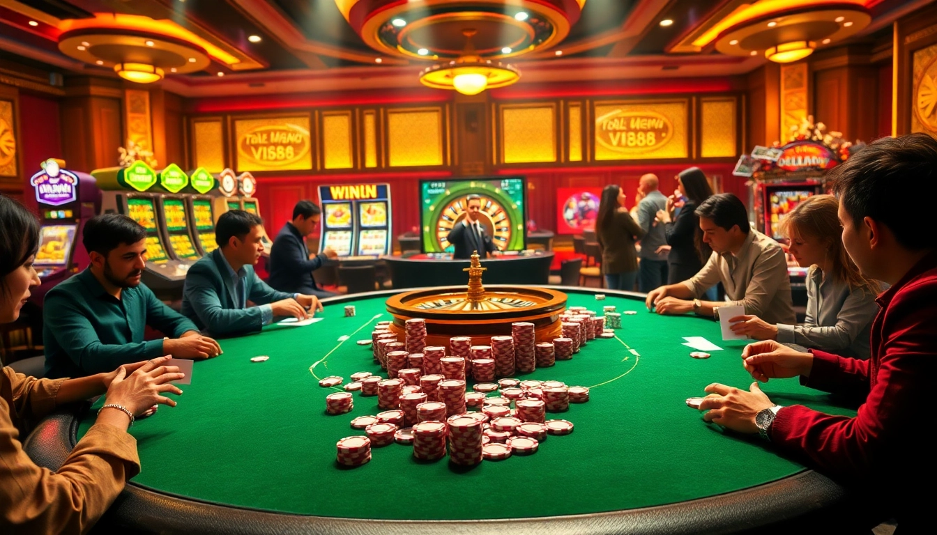 Players engage at a VN88 poker table in a luxurious casino, highlighting intense betting action.