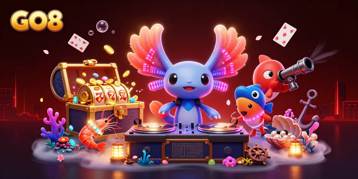 GO8 casino scene with a vibrant axolotl DJ and dynamic gaming elements for an exciting adventure.