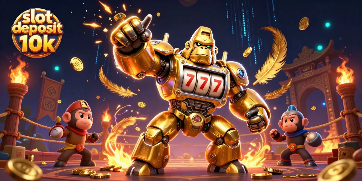 Engage with the slot deposit 10k gaming adventure, featuring a gorilla mech surrounded by dazzling prize elements.