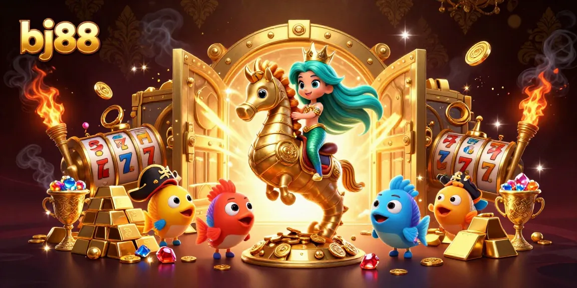 Experience the thrill of bj88 slots with a mermaid and treasure-filled scene in this vibrant illustration.