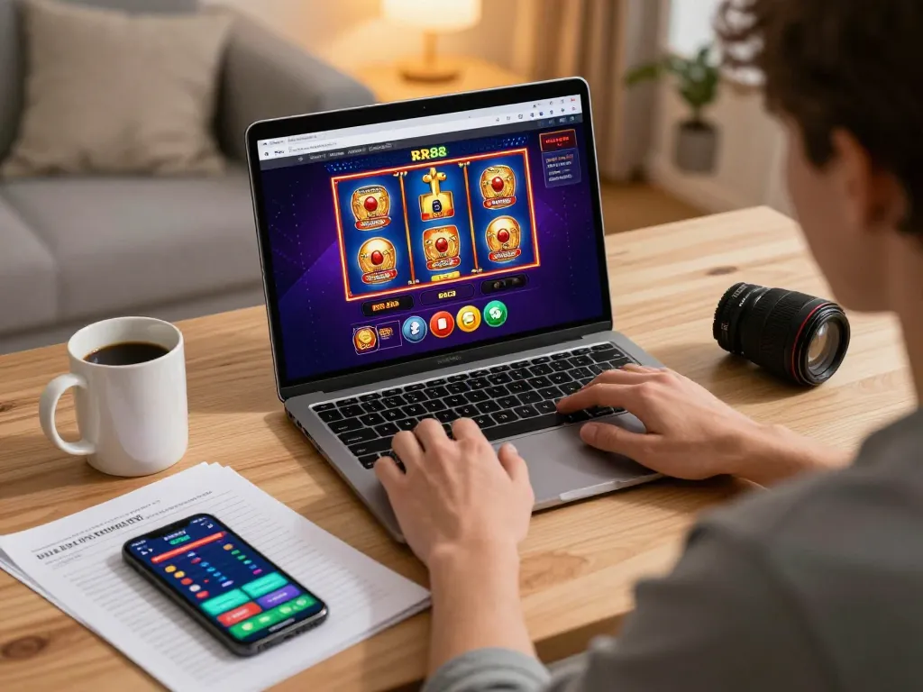 Engaging in online gaming at Trang Chủ RR88 with vibrant slot games and cozy home setup.