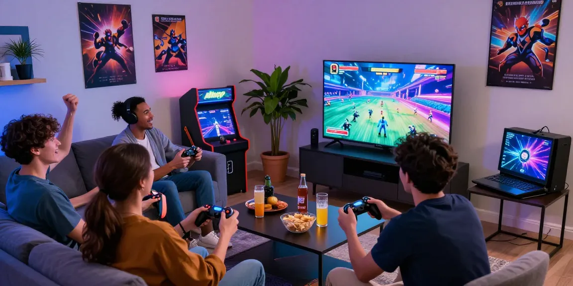 Mpo Cash gaming scene with friends enjoying arcade games in a cozy living room.
