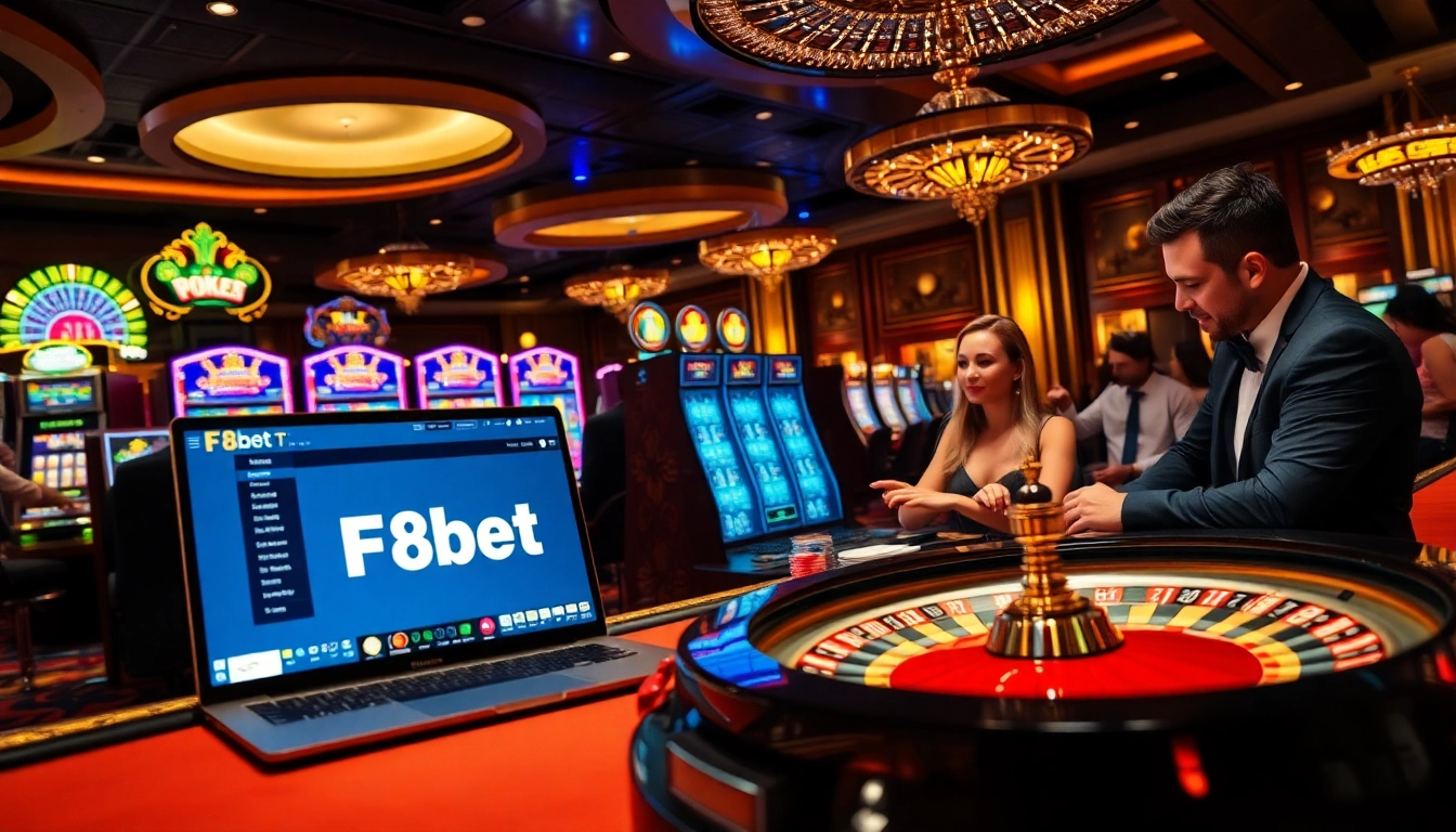 Players enjoying F8bet at a luxurious casino, with poker chips and vibrant slot machines in view.