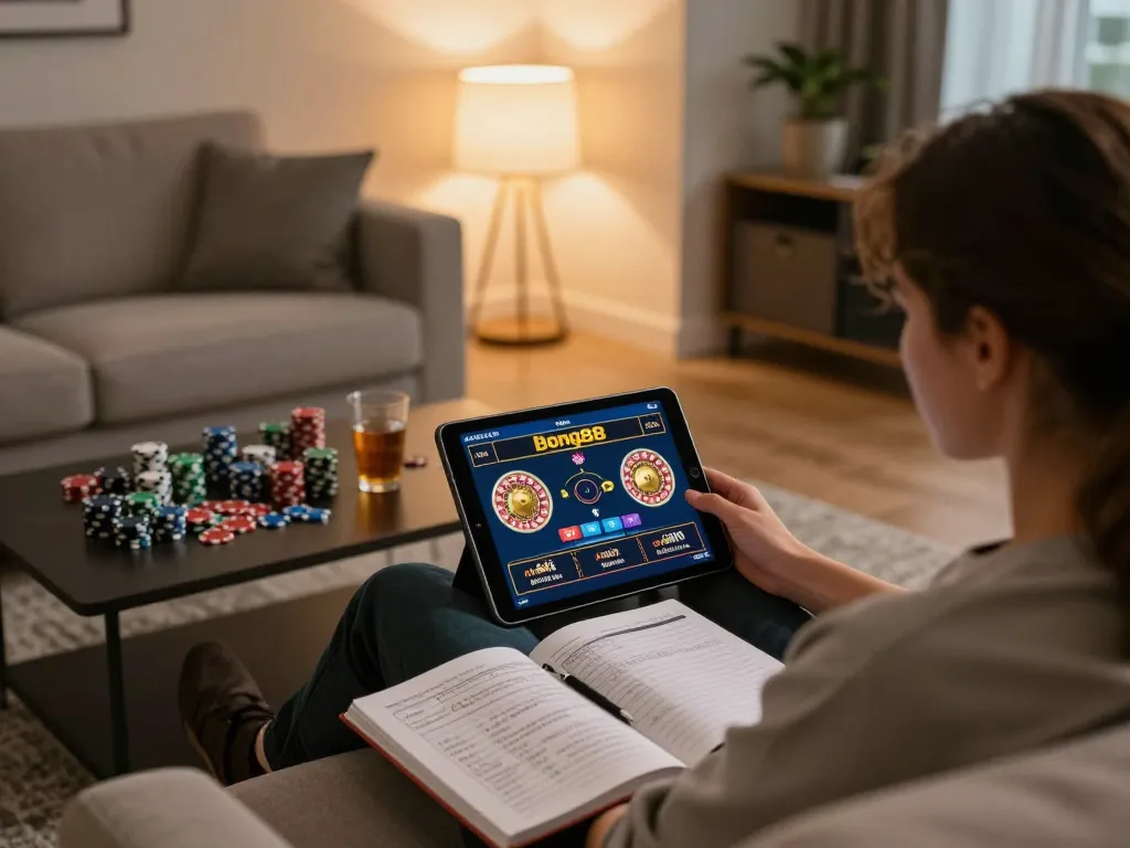 Bong88 online gambling setup with a user engaged in strategic gameplay at home