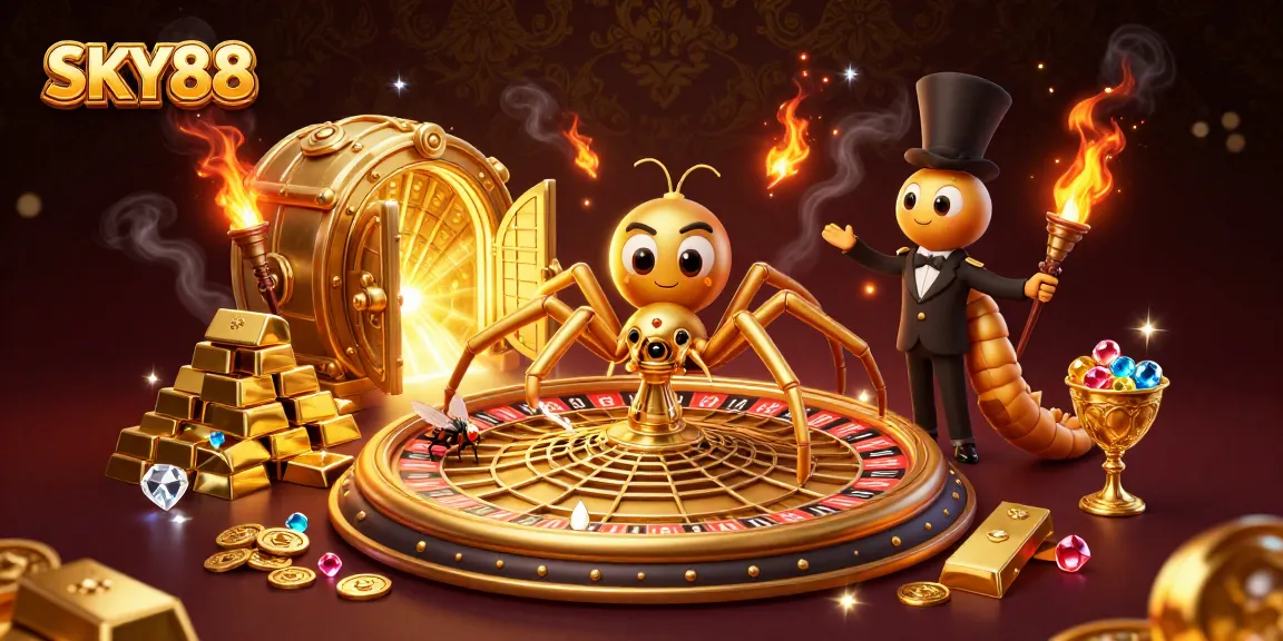 Sky88 showcases a golden spider and centipede croupier amidst gambling treasures and a vibrant roulette