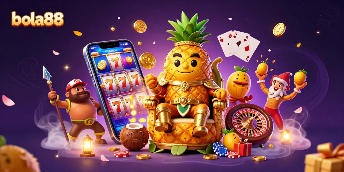 Experience the excitement of bola88 with a vibrant casino scene featuring the golden pineapple king and game elements.
