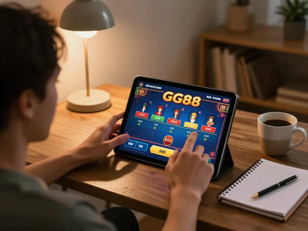 Play GG88 games from home with a tablet in a cozy gaming setup