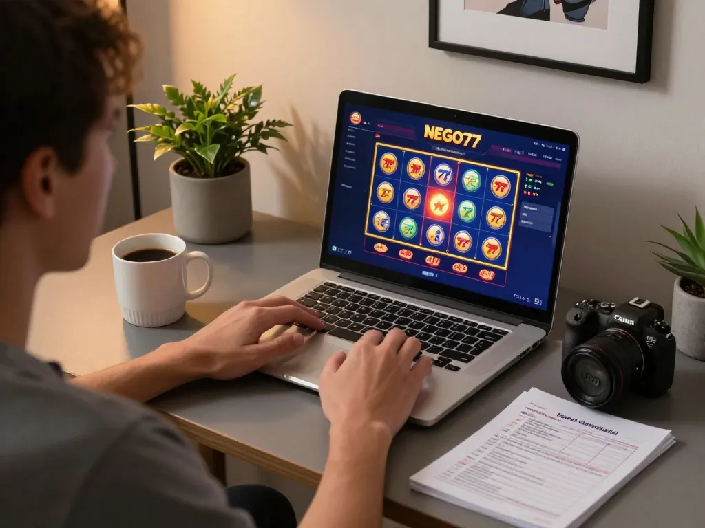 Player enjoying NEGO77's online casino games at home, showcasing a cozy gaming environment.