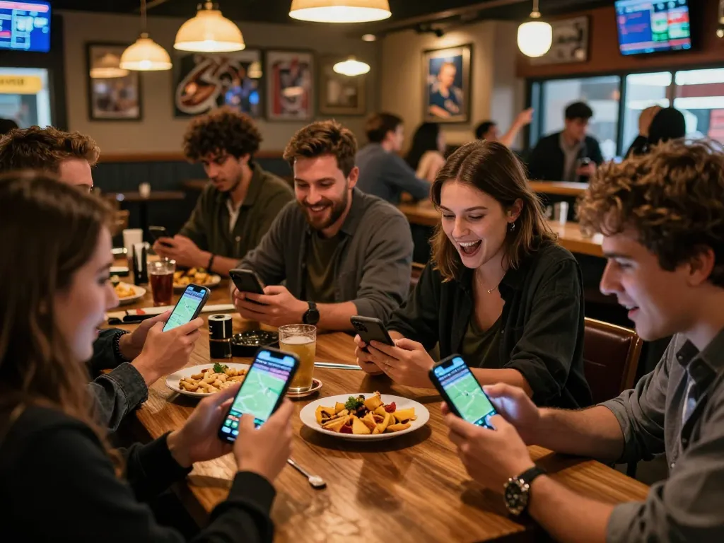 Friends engaging with sports betting on an app at trang chủ uu88 in a lively sports bar atmosphere.
