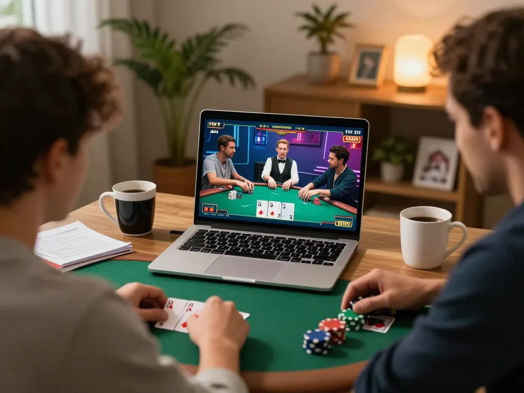 Experience ดูหนังออนไลน์ฟรี with engaging online poker gameplay in a cozy home setup.