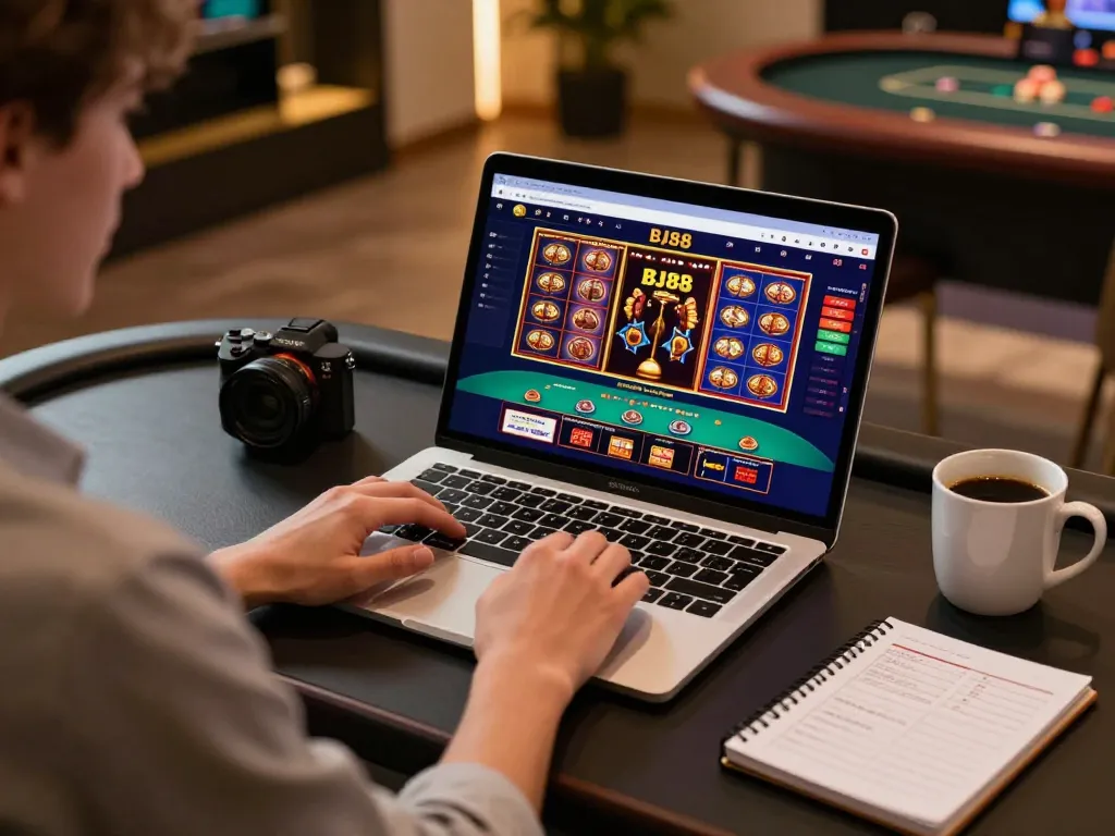 Bj88 online casino gaming setup featuring a laptop with vibrant game graphics and a cozy atmosphere.