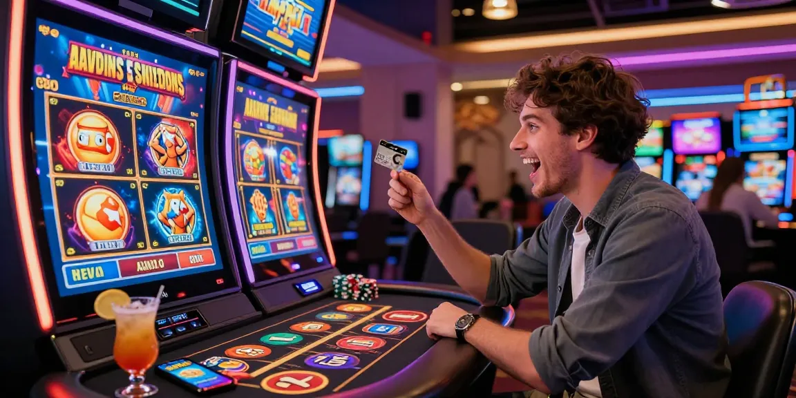 Exciting player at a credit card casino celebrating wins, featuring vibrant games and bonuses from https://dea.org.uk.