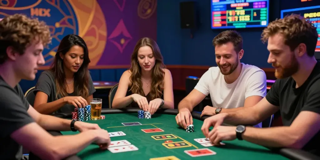 Friends enjoying a lively game night with Lotus365, surrounded by colorful casino decor and excitement.